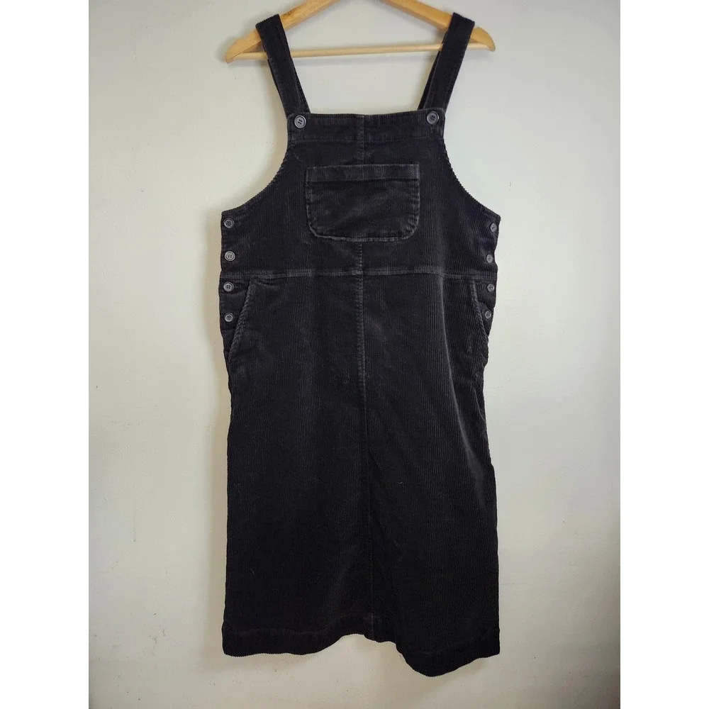 Monki Black Corduroy Overall Midi Dress Size Small Button Side Pinafore‎